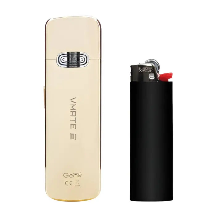 Vape device or e-cigarette with a light-colored rectangular body.