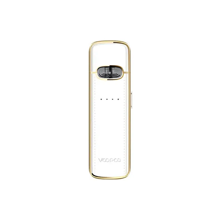 Portable power bank with a gold-colored trim and white body.