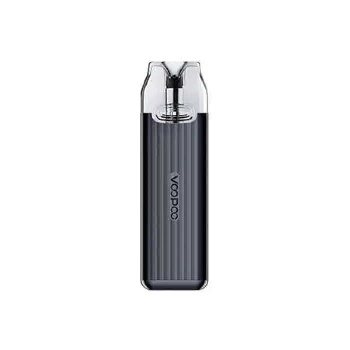 Sleek, dark gray electronic vaping device with a metallic mouthpiece.