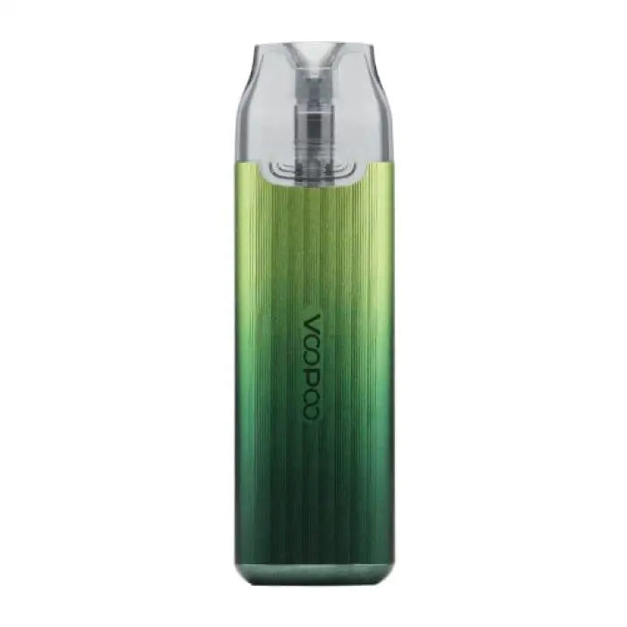 Gradient green vape device with a silver mouthpiece and ’voopoo’ branding.