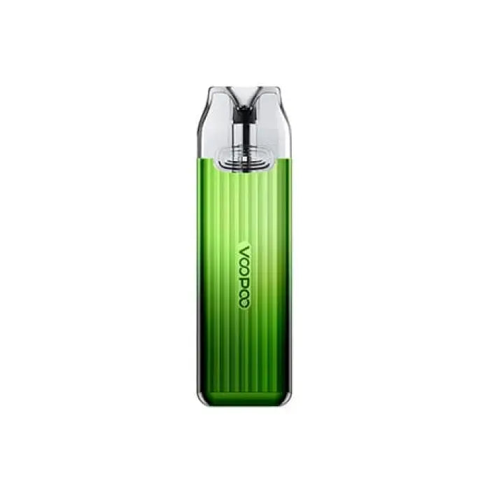 Green gradient vape device with a clear mouthpiece and ’Voopoo’ branding.