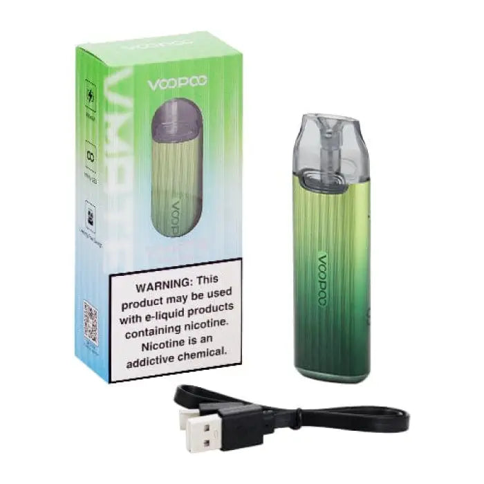 Vape device with green gradient color and its packaging, accompanied by a USB charging cable.