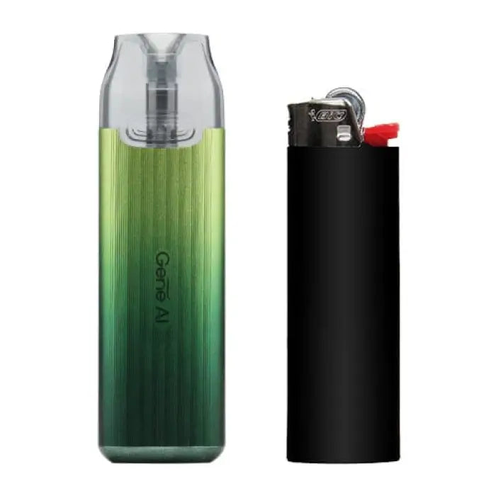 Vape device with a green gradient body and clear mouthpiece.