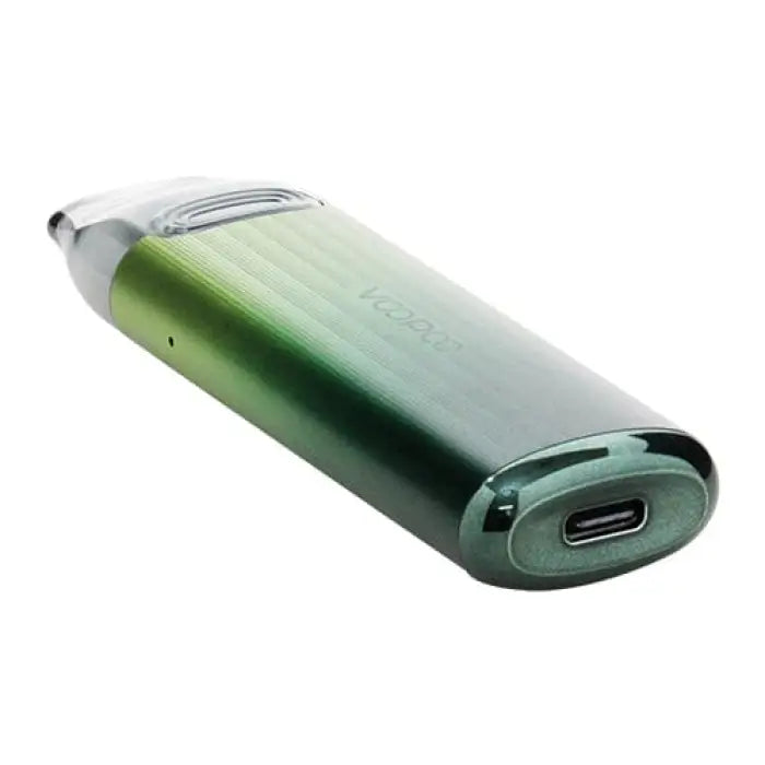 Portable vape device with a green gradient color and USB port.