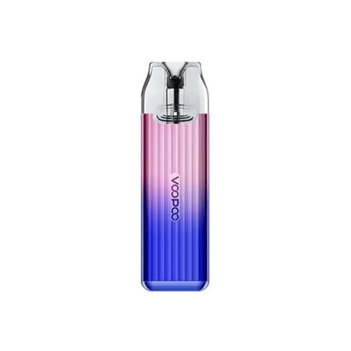 Gradient-colored vape device transitioning from pink to blue with a clear mouthpiece.