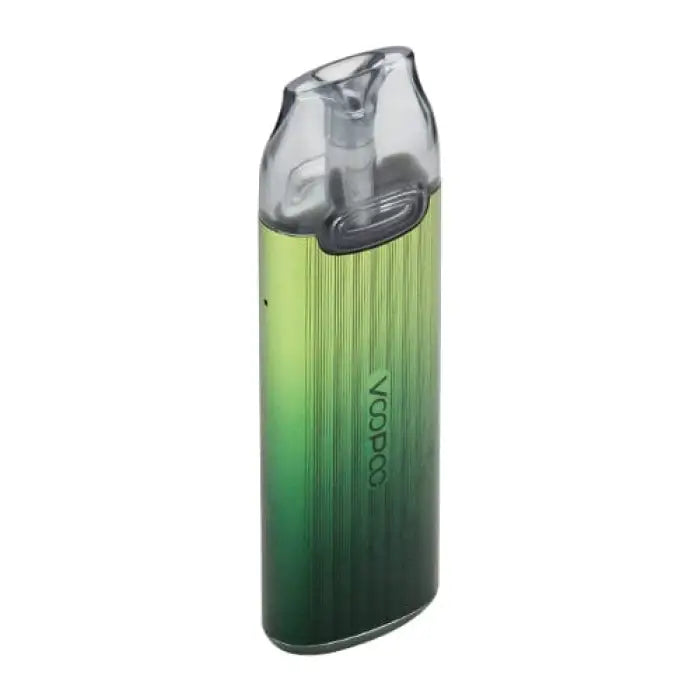 Gradient green vape device with a clear mouthpiece.