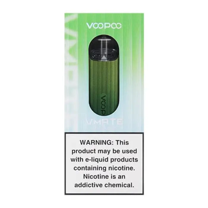 Green cylindrical vape device in packaging with a warning label.