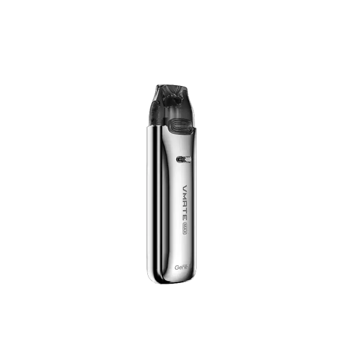 Sleek, cylindrical electronic vaping device with a metallic body and black mouthpiece.