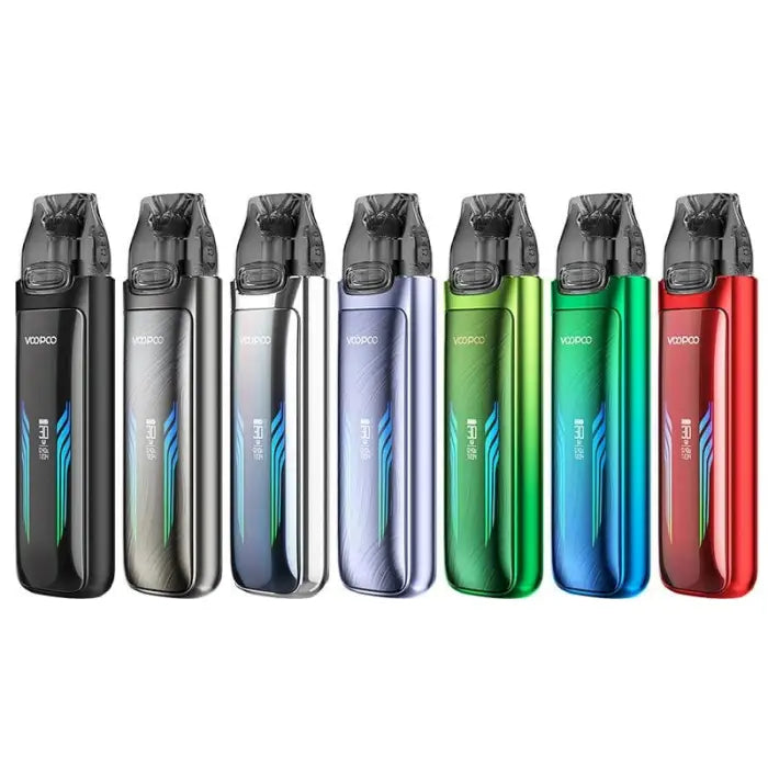 Colorful electronic vaping devices or e-cigarettes lined up in a row.