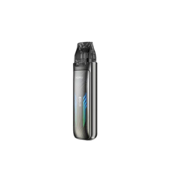 Sleek, metallic gray electronic vaping device with a transparent mouthpiece.