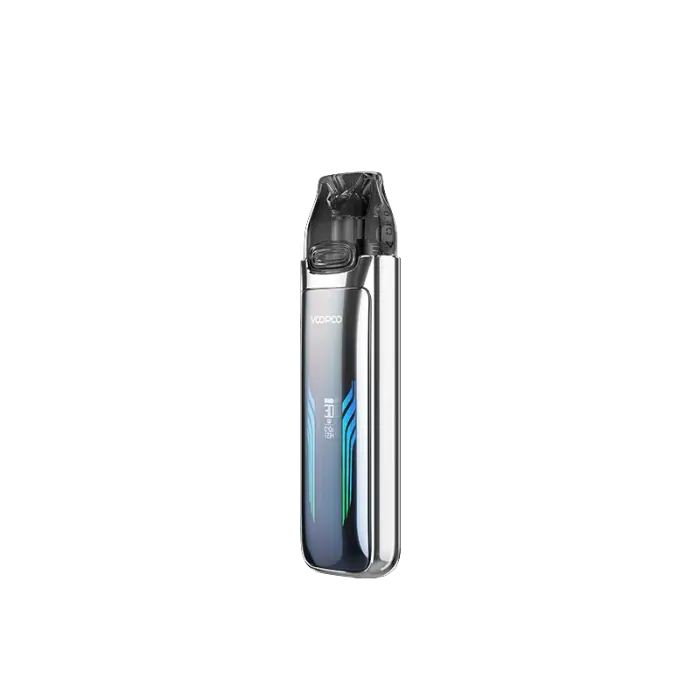 Sleek electronic vaping device with a metallic body and transparent mouthpiece.