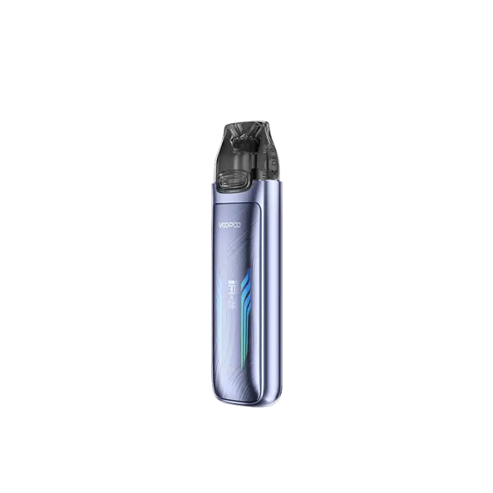 Sleek, metallic blue electronic vaping device with a black mouthpiece.