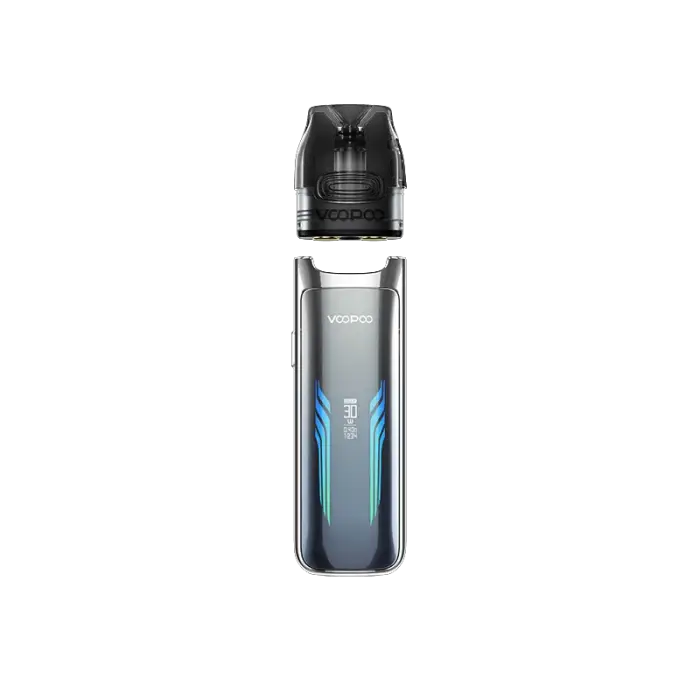 Sleek electronic vaping device with a detachable pod and metallic body featuring blue accents.