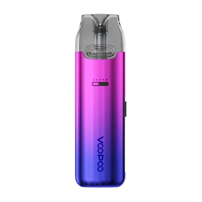 Vape device with a gradient pink to blue metallic body and clear mouthpiece.