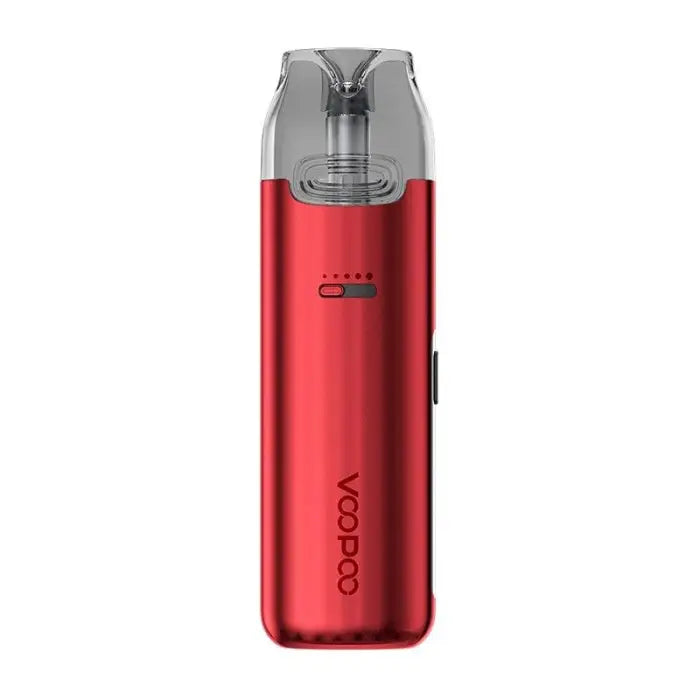 Red electronic vaping device with a clear mouthpiece and ’VOOPOO’ branding.