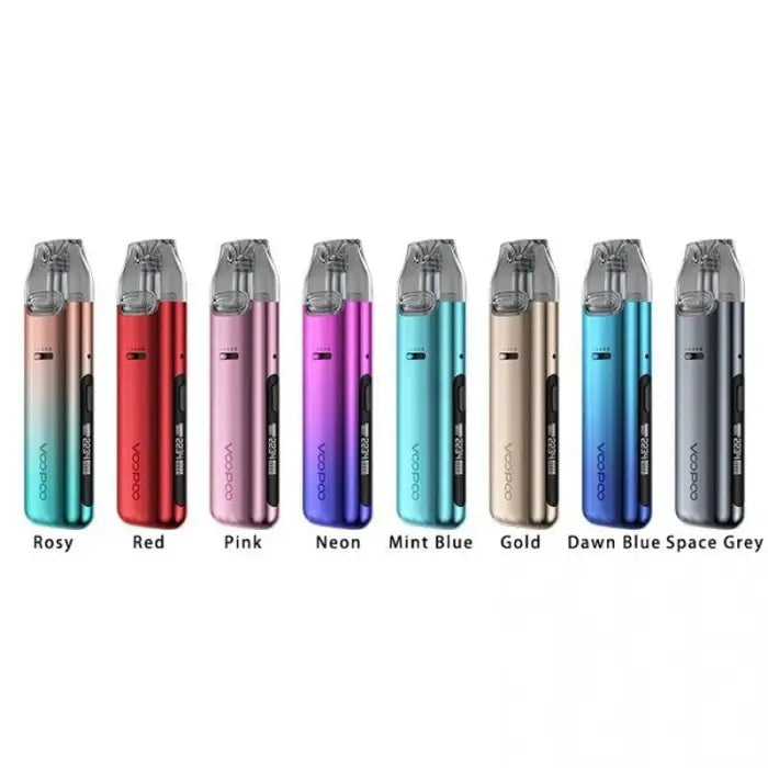 Colorful electronic vaping devices or e-cigarettes in various gradient color options.