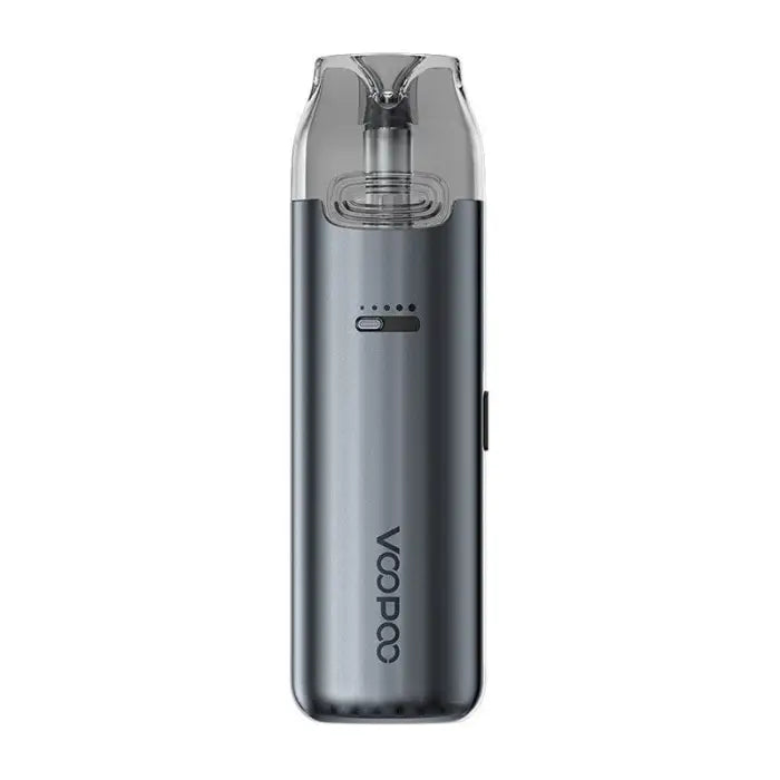 Sleek, cylindrical electronic vaping device with a transparent mouthpiece and metallic gray body.