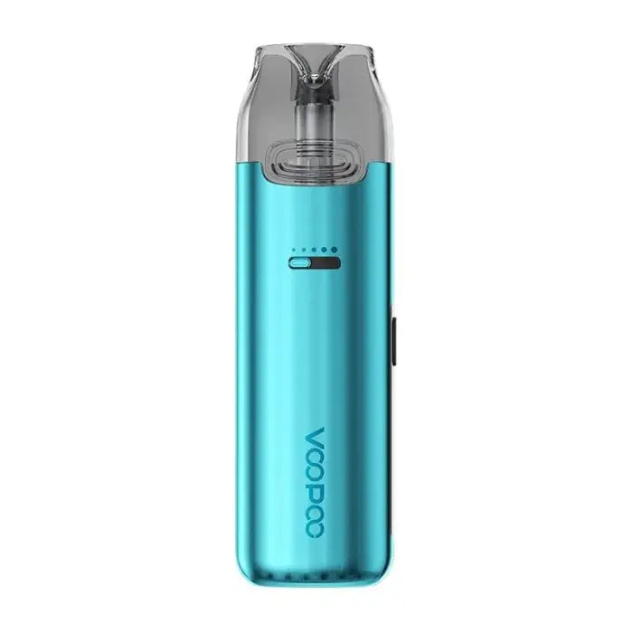 Teal-colored electronic vaping device with a clear mouthpiece and ’VOOPOO’ branding.