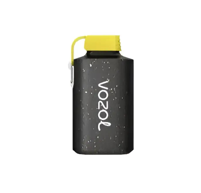 Black insulated water bottle with a yellow cap and ’vozol’ branding.