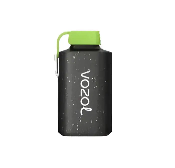 Black insulated water bottle with a green cap and ’Vozol’ branding.