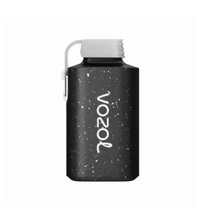 Black speckled water bottle with ’vozol’ branding and a white cap.