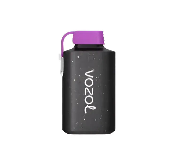 Insulated black water bottle with a purple cap and ’vozol’ branding.