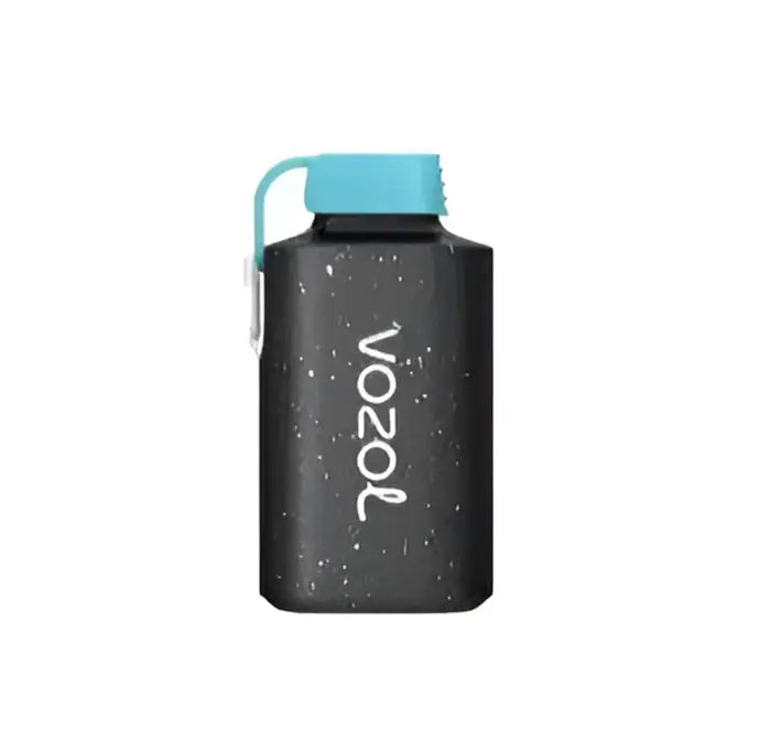 Reusable water bottle with a black body and teal cap labeled ’VOZOL’.