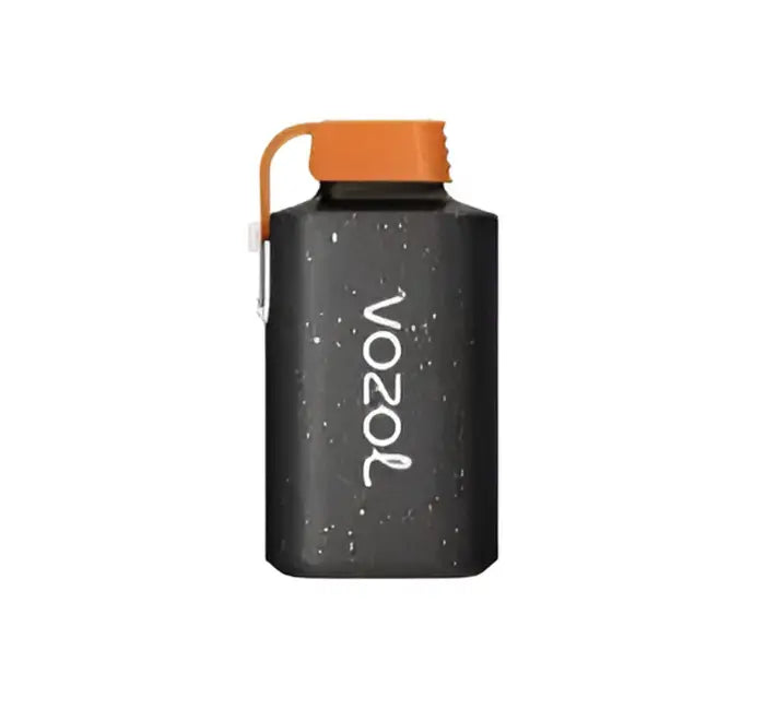 Reusable water bottle with a black speckled body and orange cap.