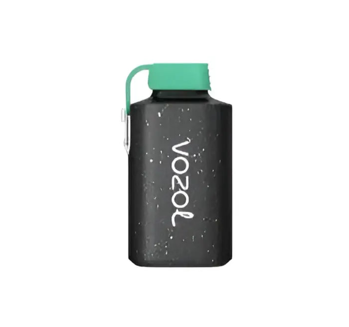 Speckled black insulated water bottle with a teal cap and ’vozol’ branding.