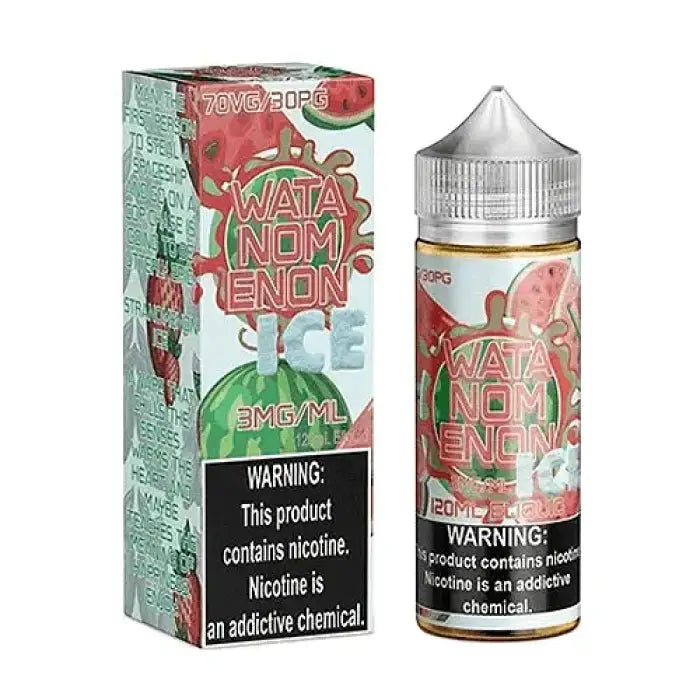 E-liquid bottle and packaging for a watermelon-flavored vape juice product called ’Wata Nom Enom Ice’.