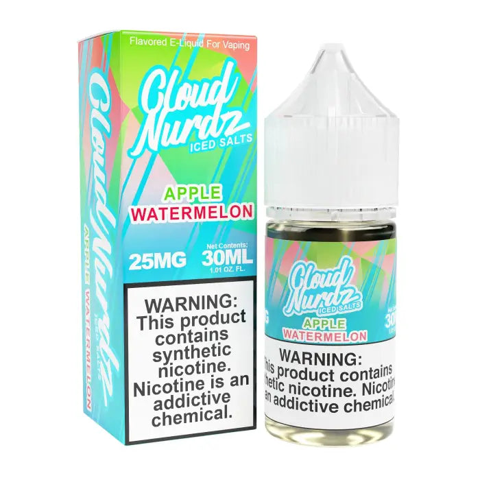 E-liquid bottle and packaging for Cloud Nurdz Apple Watermelon flavor vape juice.