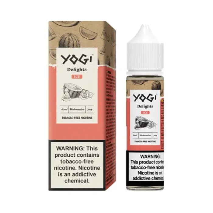 E-liquid bottle and packaging for a product called ’Yogi Delights’ in a peach-colored design.