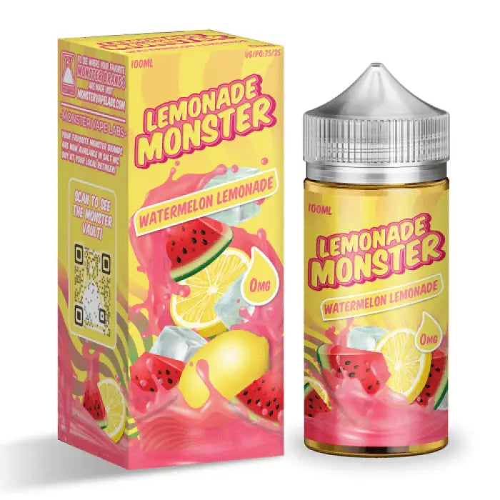 Bottle and packaging of Lemonade Monster watermelon lemonade-flavored e-liquid.