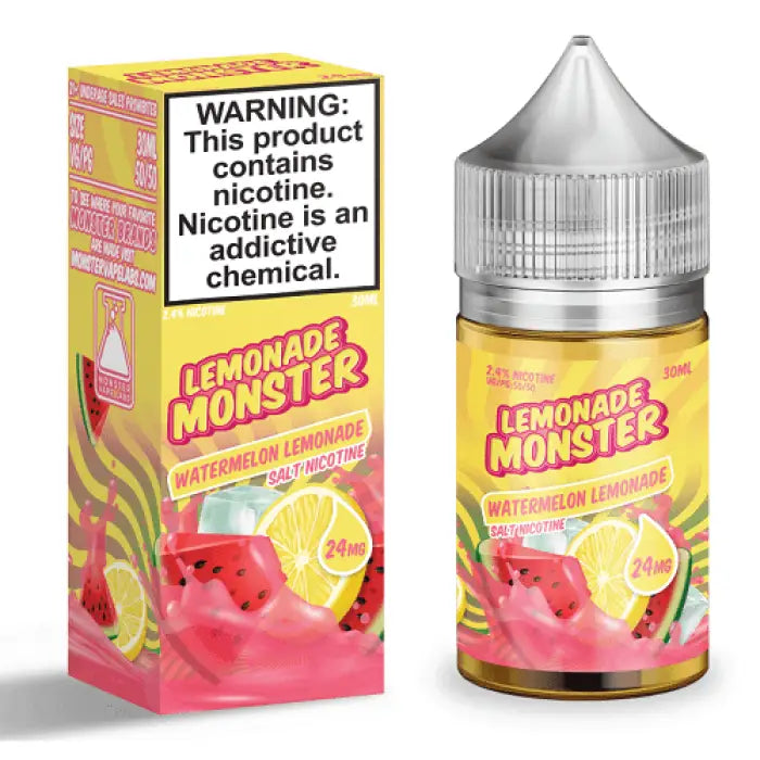 Vape juice bottle and packaging for ’Lemonade Monster’ watermelon lemonade flavor, with prominent nicotine warning label.