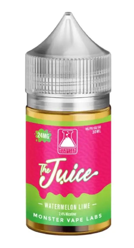 Bottle of e-liquid or vape juice with a pink and green label.