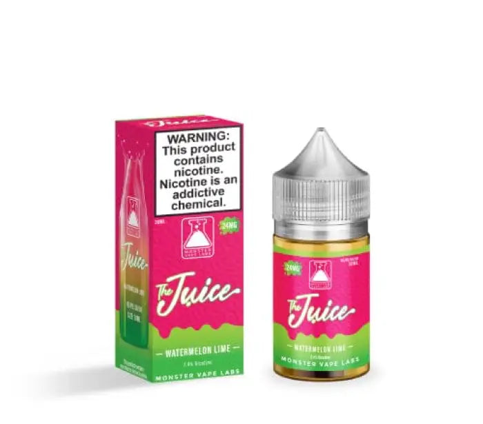 Bottle of e-liquid or vape juice labeled ’Juice’ with watermelon lime flavor.