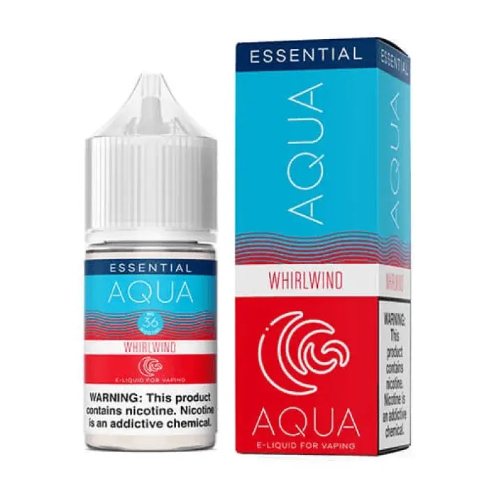 E-liquid bottle and packaging for Essential Aqua Whirlwind vape juice.