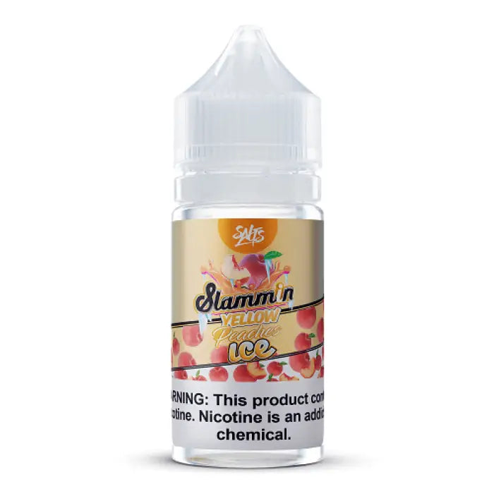 Bottle of e-liquid labeled ’Summ’n Yellow Ice’ with a warning about nicotine content.