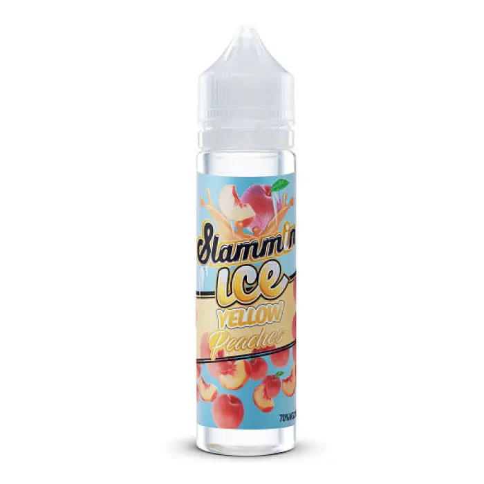 Bottle of ’Glamm Ice Yellow Peach’ e-liquid or vape juice with colorful fruit graphics on the label.