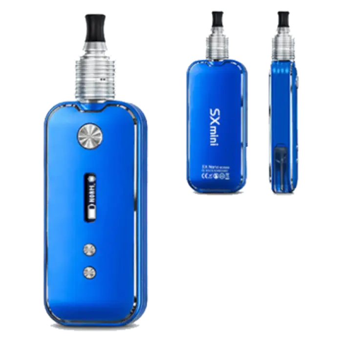 Blue electronic vaping device with a metallic mouthpiece and control buttons.