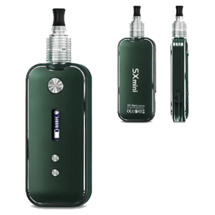 Dark green electronic vaping device with silver accents and buttons.