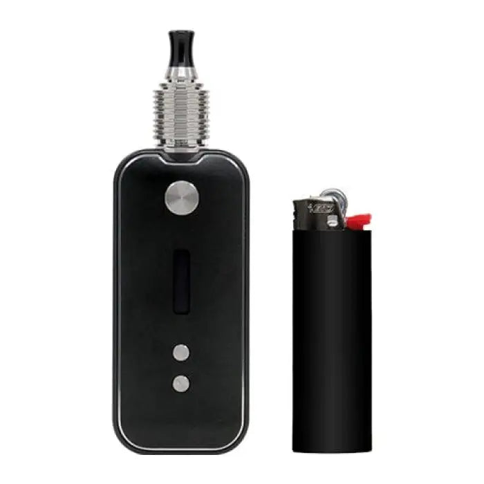 Electronic vaporizer or e-cigarette device with a metallic mouthpiece and control buttons.