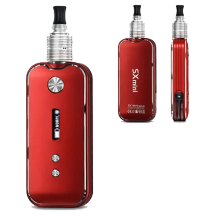 Red electronic vaping device with silver accents and a black mouthpiece.