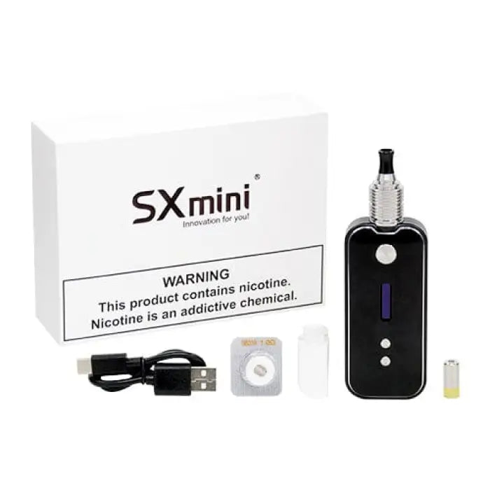 Electronic vaping device with accompanying box and accessories.