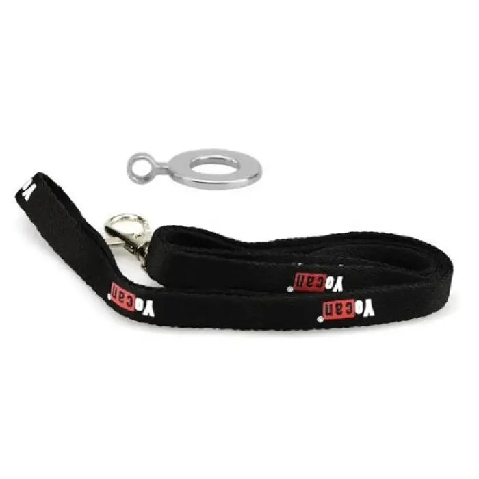 Black fabric lanyard with red logo patches and a metal clip attachment.