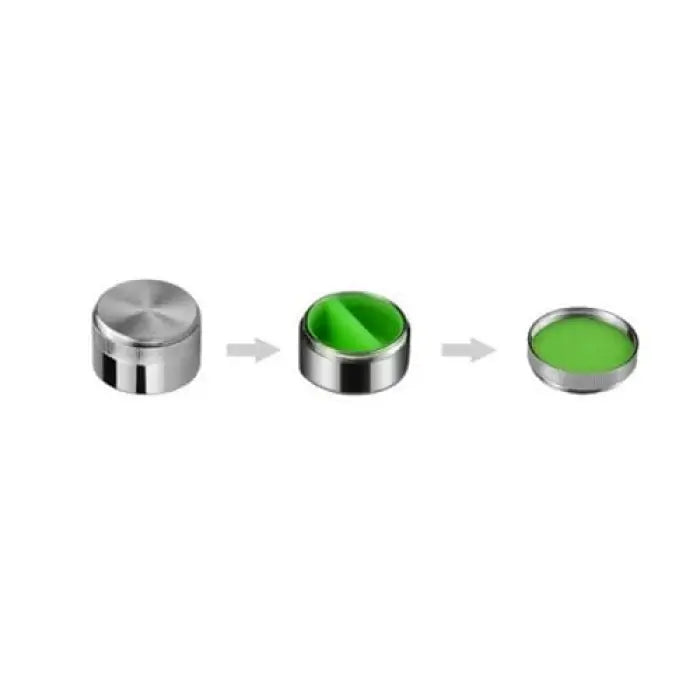 Metallic container with a green interior shown in three stages of opening.