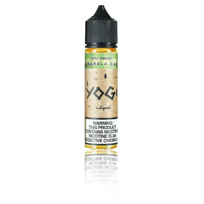 Bottle of e-liquid or vape juice labeled ’Yogi’ with a warning about nicotine content.