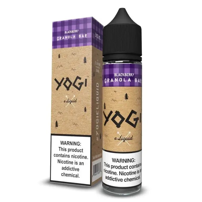 Bottle of Yogi e-liquid in Blueberry Granola Bar flavor with purple and tan packaging.