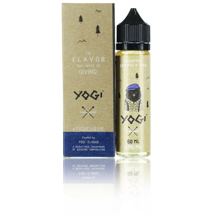 E-liquid bottle with packaging for a product called ’Yogi’ in gold and blue colors.