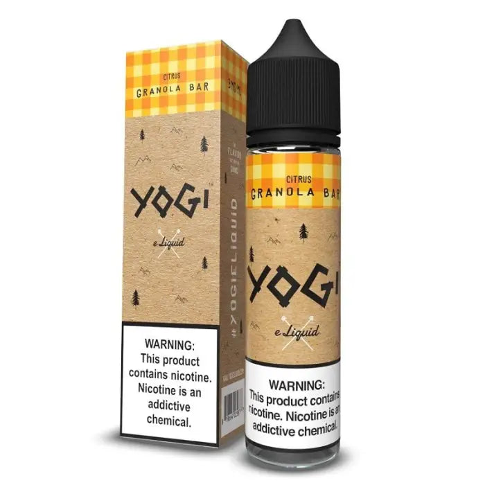 Bottle and packaging of Yogi brand citrus granola bar e-liquid for vaping.